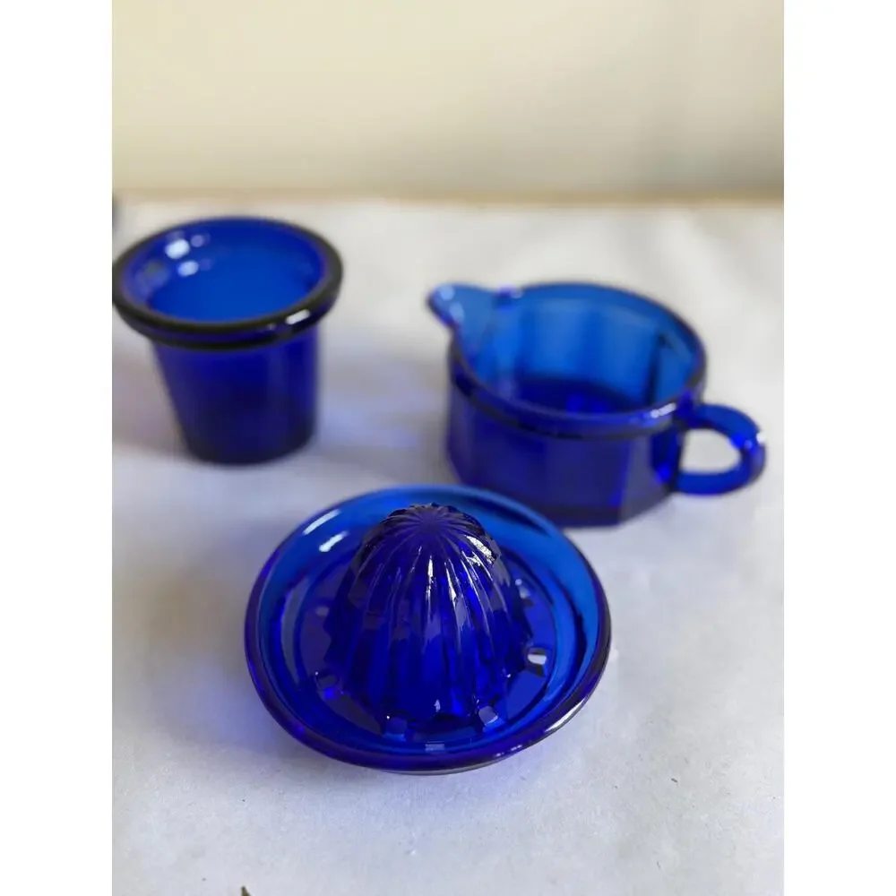 Vintage Cobalt Blue Glass Citrus Juicer, Reamer Set, Starburst Base, Kitchen